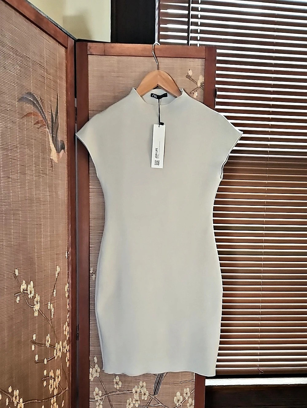 Zara Mock Neck Short Sleeve Mini Shift Dress Tan/Beige Medium